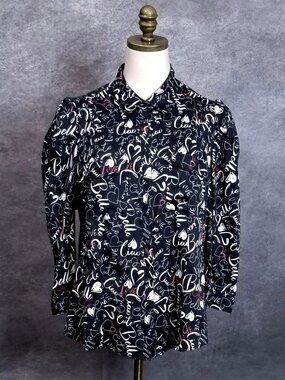 NWT 7th Avenue New York & Co Cia Bella Script Blouse Puff Sleeves Love Heart XL